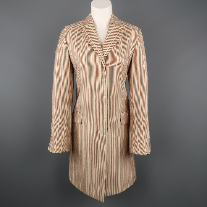DRIES VAN NOTEN Size 4 Beige & Red Striped Silk / Linen Notch Lapel Coat