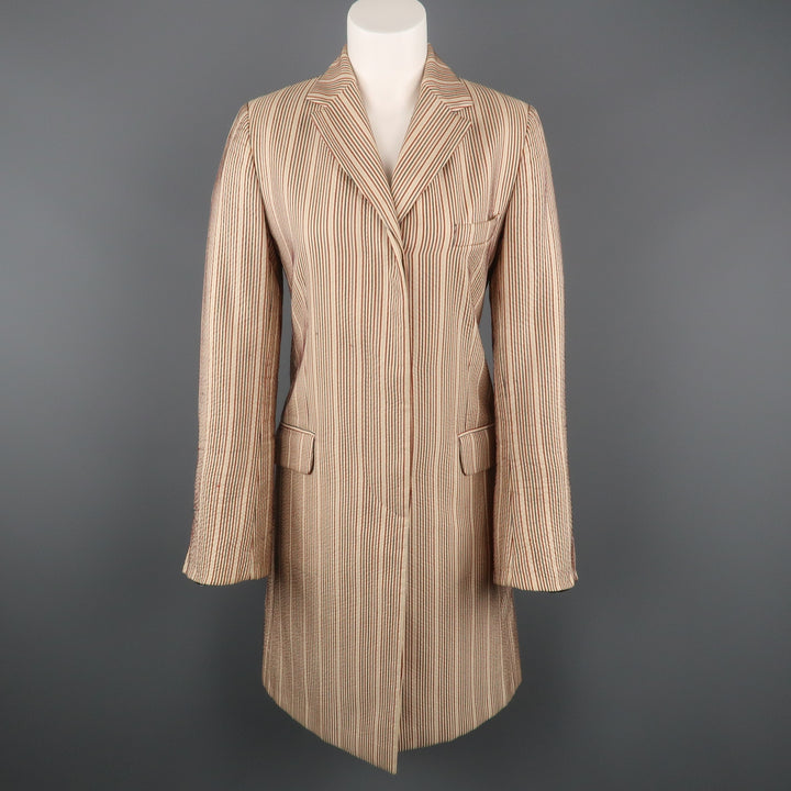 DRIES VAN NOTEN Size 4 Beige & Red Striped Silk / Linen Notch Lapel Coat