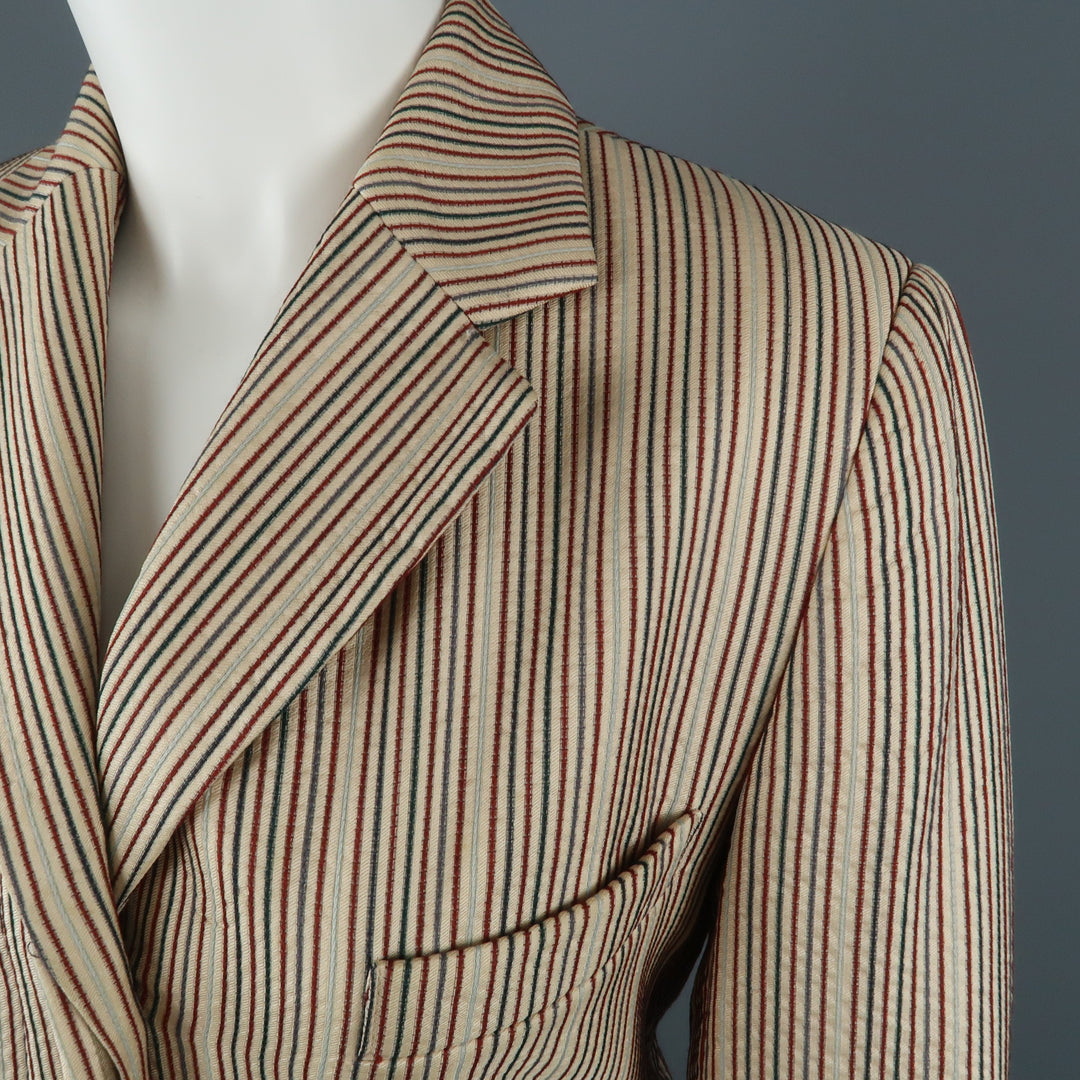 DRIES VAN NOTEN Size 4 Beige & Red Striped Silk / Linen Notch Lapel Coat