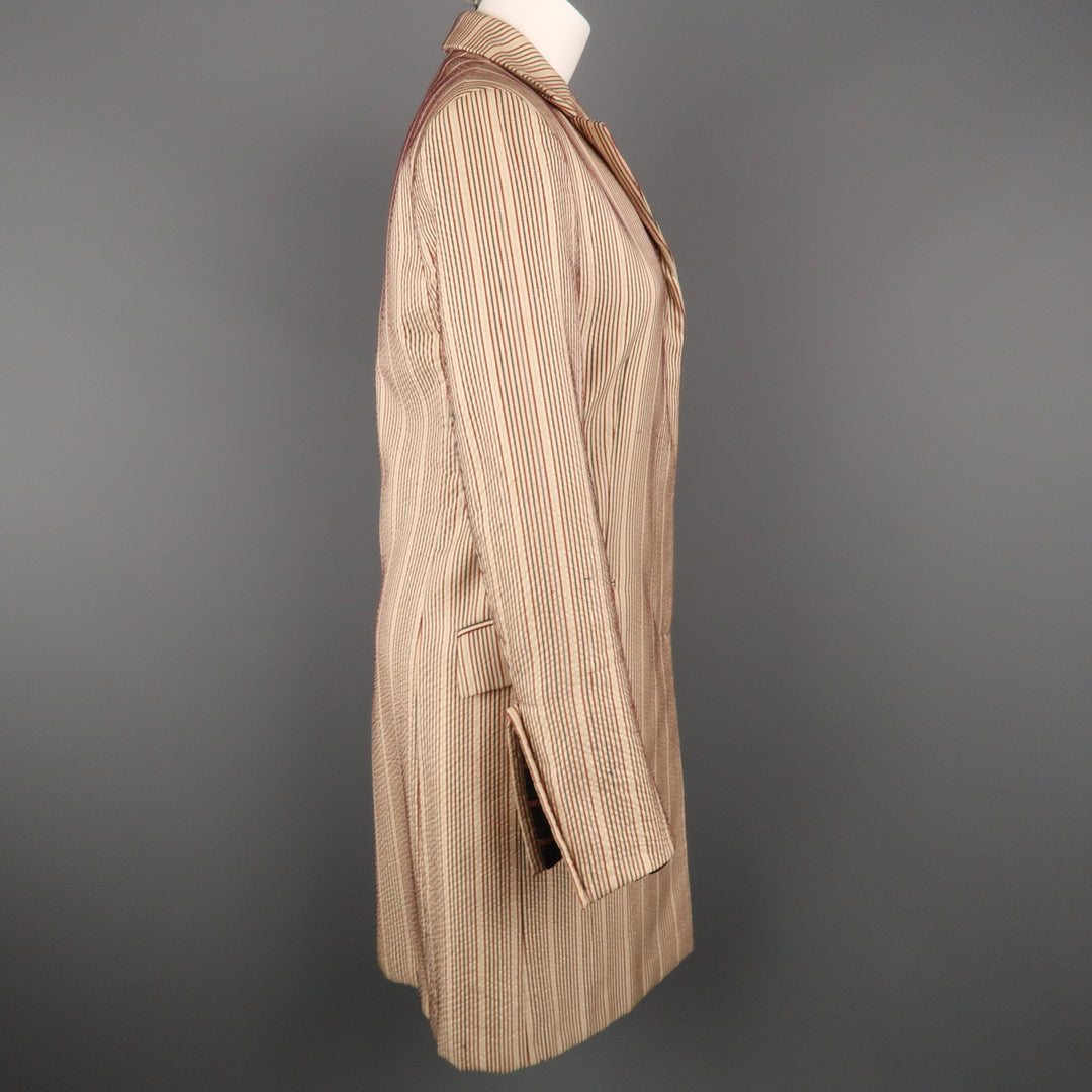 DRIES VAN NOTEN Size 4 Beige & Red Striped Silk / Linen Notch Lapel Coat