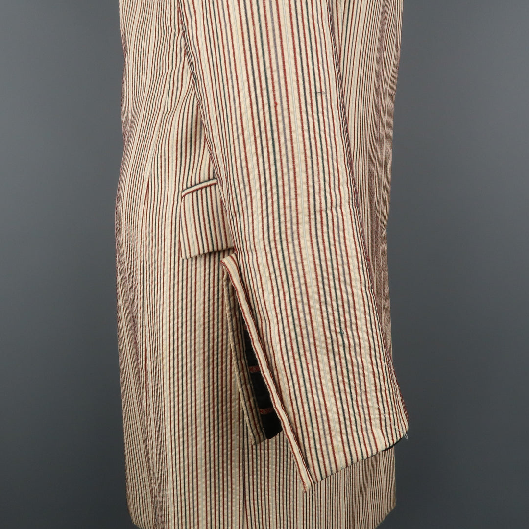 DRIES VAN NOTEN Size 4 Beige & Red Striped Silk / Linen Notch Lapel Coat