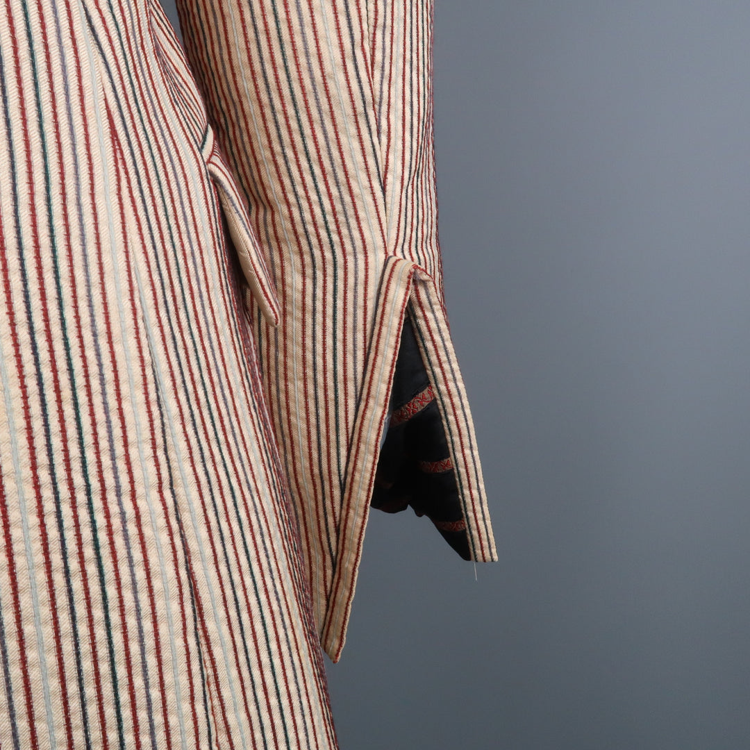 DRIES VAN NOTEN Size 4 Beige & Red Striped Silk / Linen Notch Lapel Coat
