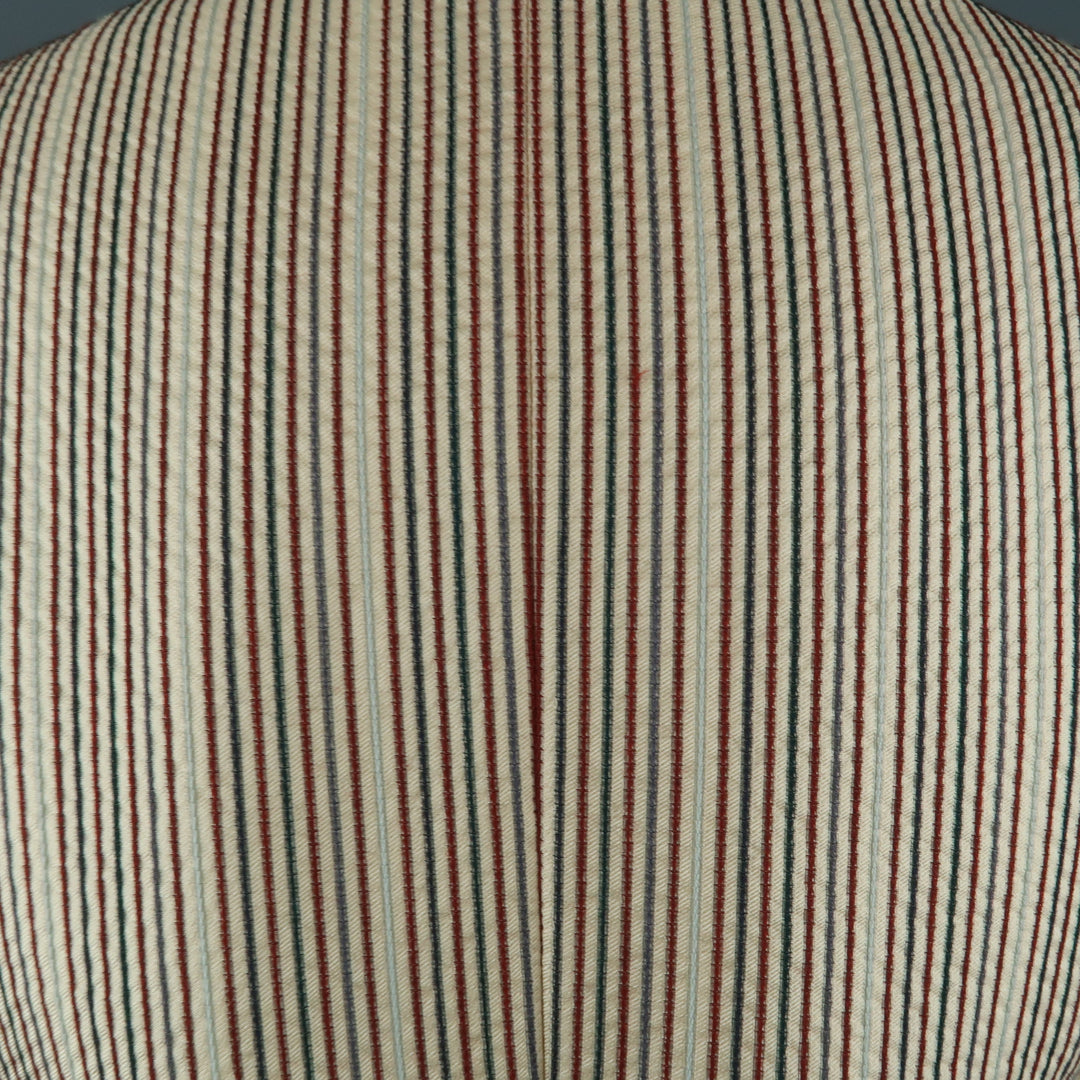 DRIES VAN NOTEN Size 4 Beige & Red Striped Silk / Linen Notch Lapel Coat