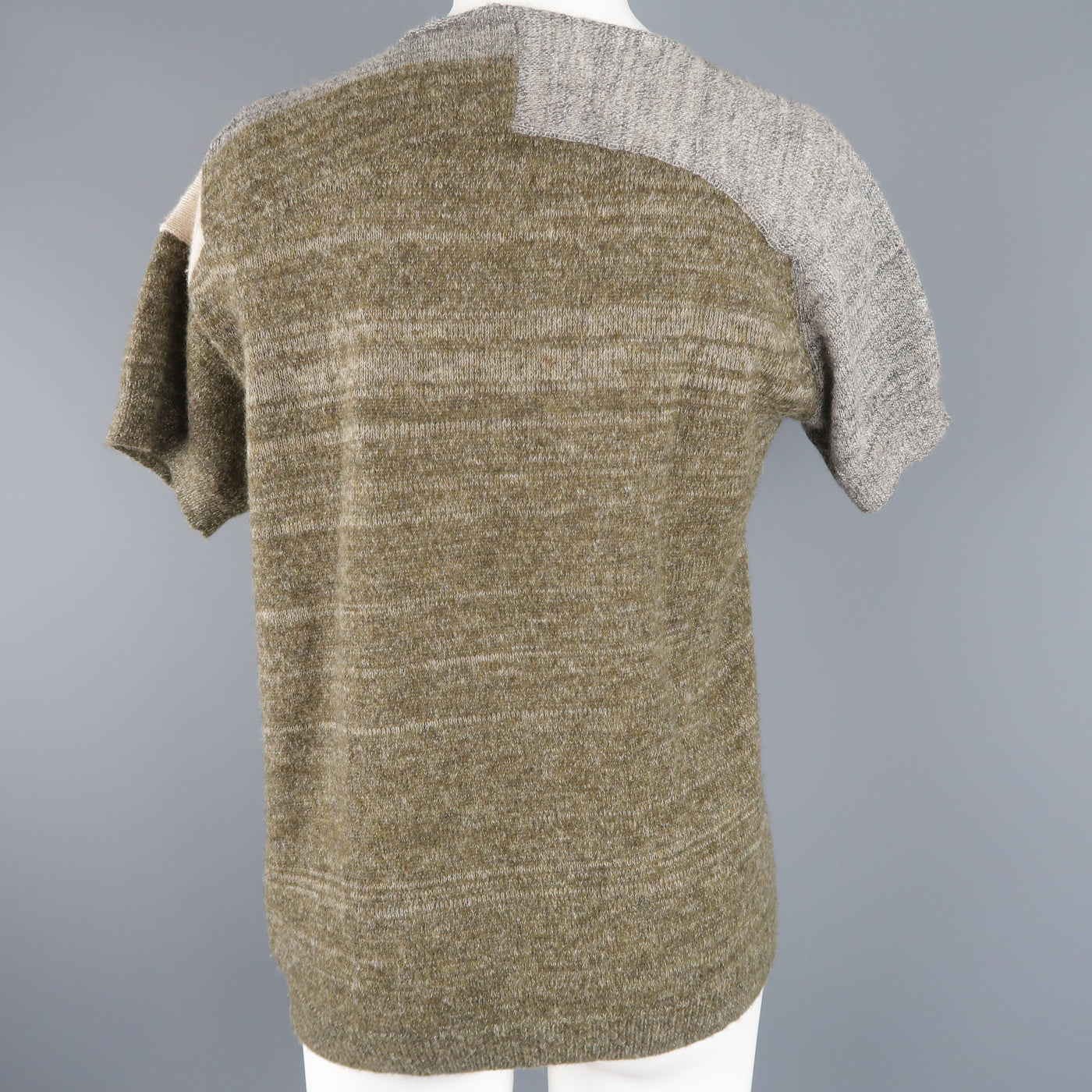 DRIES VAN NOTEN Size S Olive Silver & Beige Wool Blend Short Sleeve Pullover