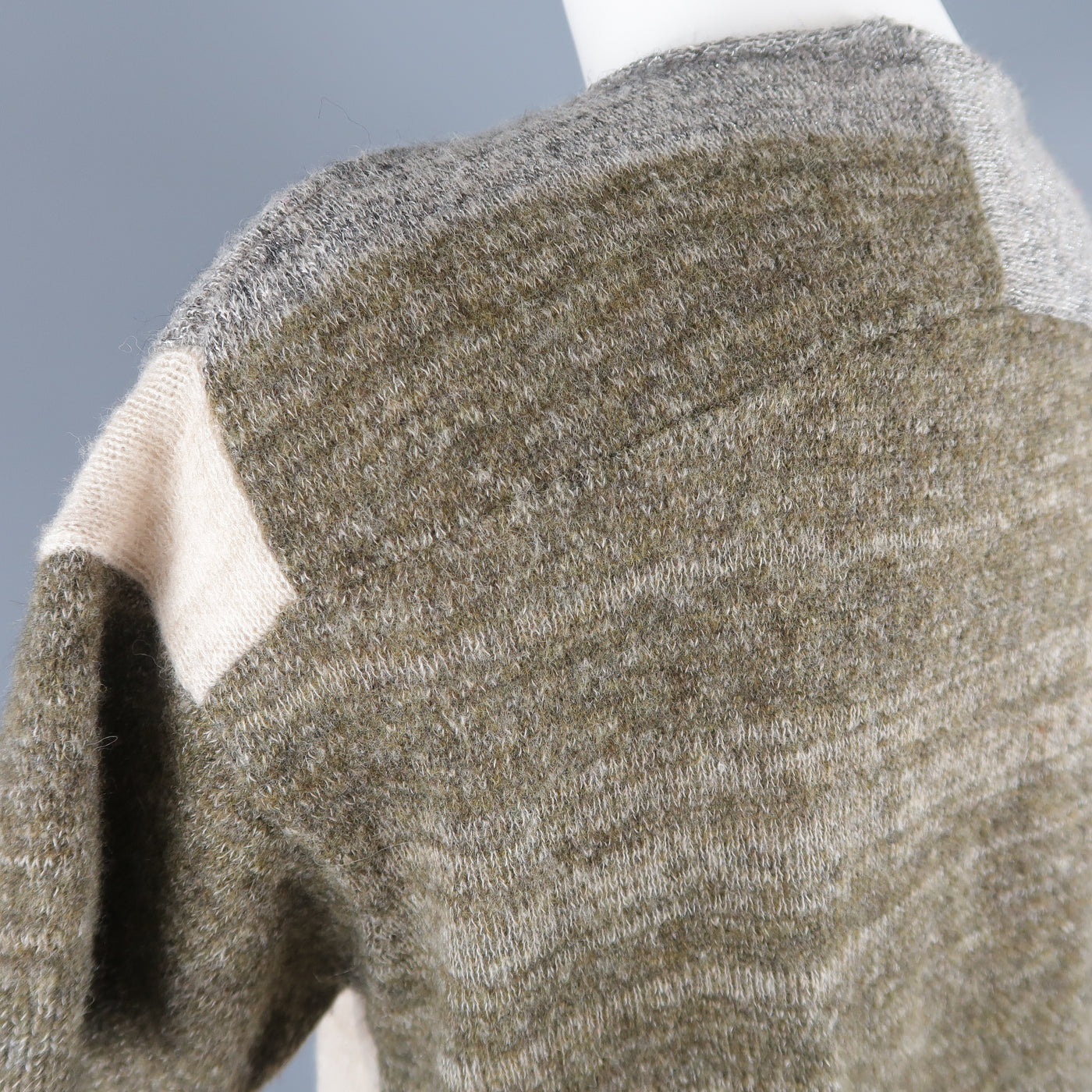 DRIES VAN NOTEN Size S Olive Silver & Beige Wool Blend Short Sleeve Pullover