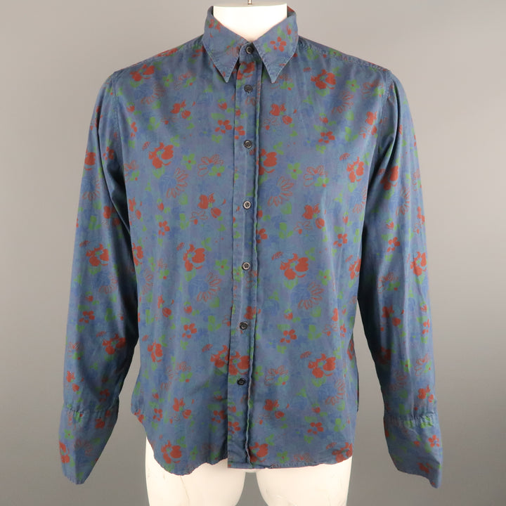 DRIES VAN NOTEN Size XL Navy & Brick Floral Cotton French Cuff Long Sleeve Shirt
