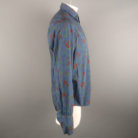 DRIES VAN NOTEN Taille XL Navy &amp; Brick Floral Cotton Français Cuff Chemise à manches longues 