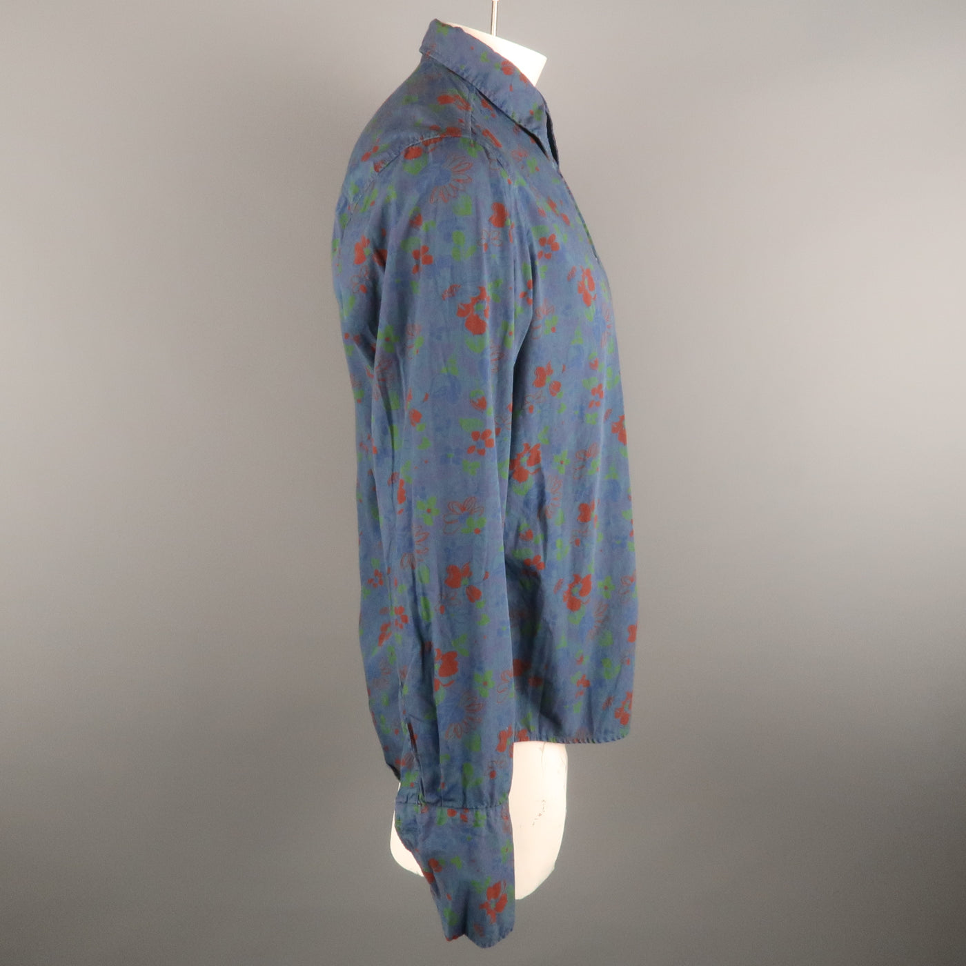 DRIES VAN NOTEN Size XL Navy & Brick Floral Cotton French Cuff Long Sleeve Shirt
