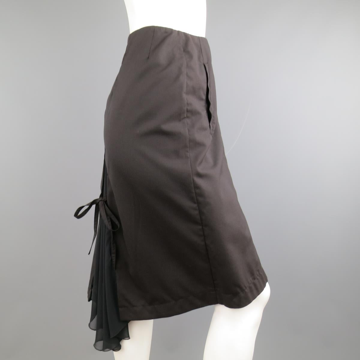 DROZDZIK Size 6 Black Pleated Wool Sheer Fishtail Pencil Skirt