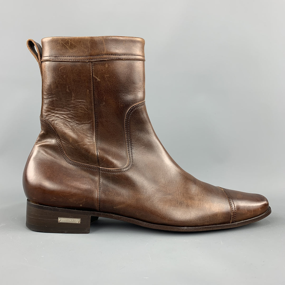 DSQUARED2 Size 10.5 Brown Antique Leather Side Zipper Cap Toe Boots