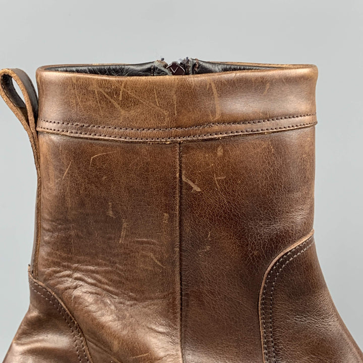 DSQUARED2 Size 10.5 Brown Antique Leather Side Zipper Cap Toe Boots