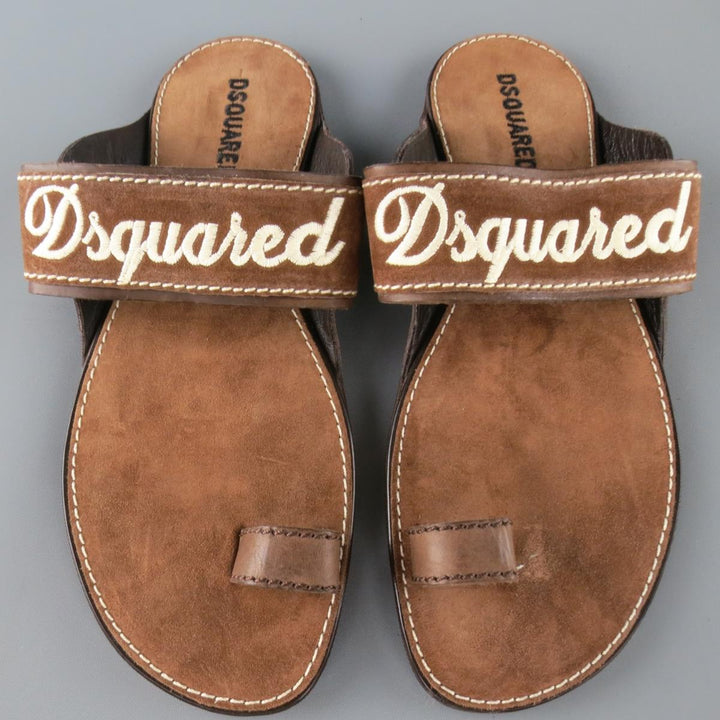 DSQUARED2 Size 8 Brown Embroidered Logo Suede Sandals
