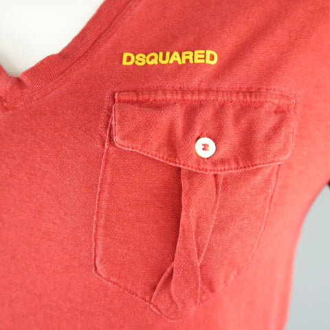 DSQUARED2 Size M Red Solid Cotton / Linen V-neck T-shirt DSQUARED2