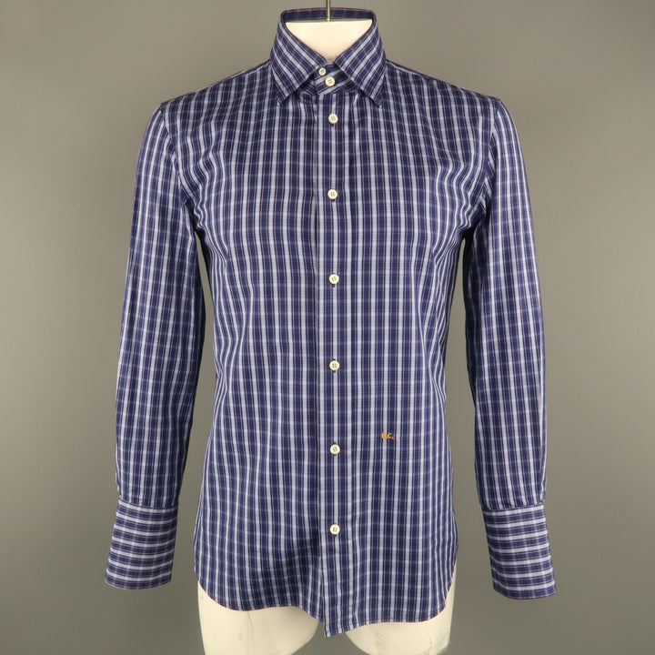 DSQUARED2 Size XL Navy Plaid Cotton Button Up Long Sleeve Shirt