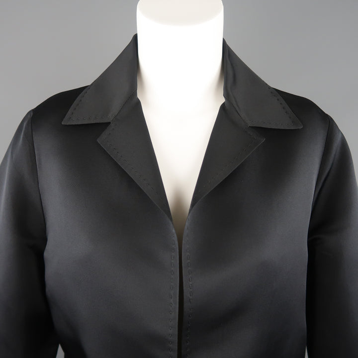 DUSAN Size M Black Silk Satin Collared Open Front Jacket