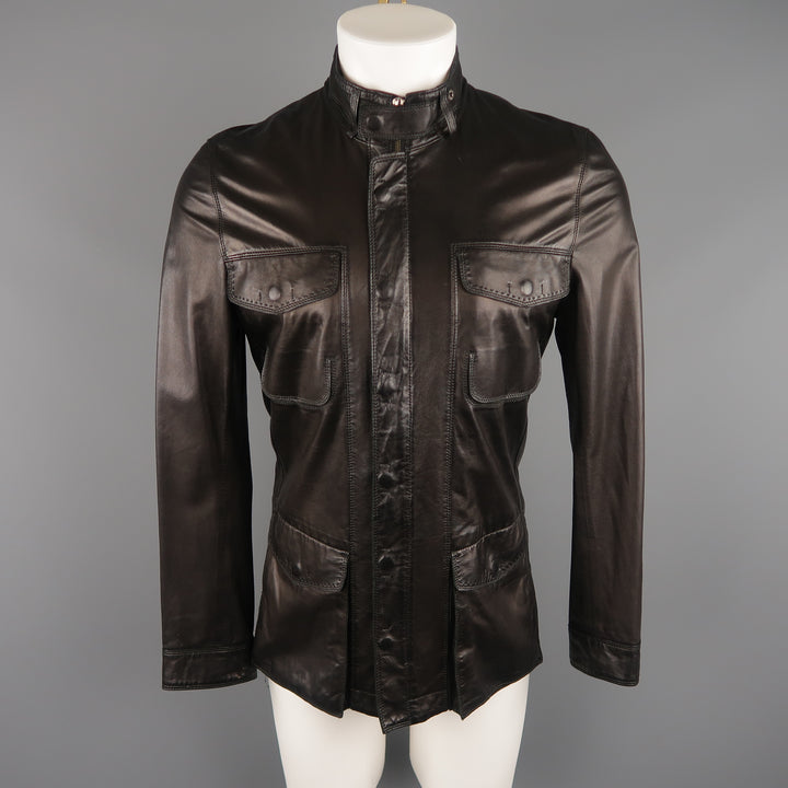 ELIE TAHARI Chest Size 38 Black Solid Leather Zip & Snaps Jacket