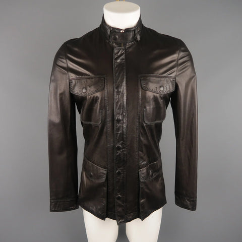 ELIE TAHARI Chest Size 38 Black Solid Leather Zip & Snaps Jacket ELIE TAHARI