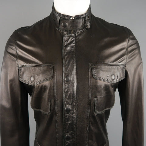 ELIE TAHARI Chest Size 38 Black Solid Leather Zip & Snaps Jacket ELIE TAHARI