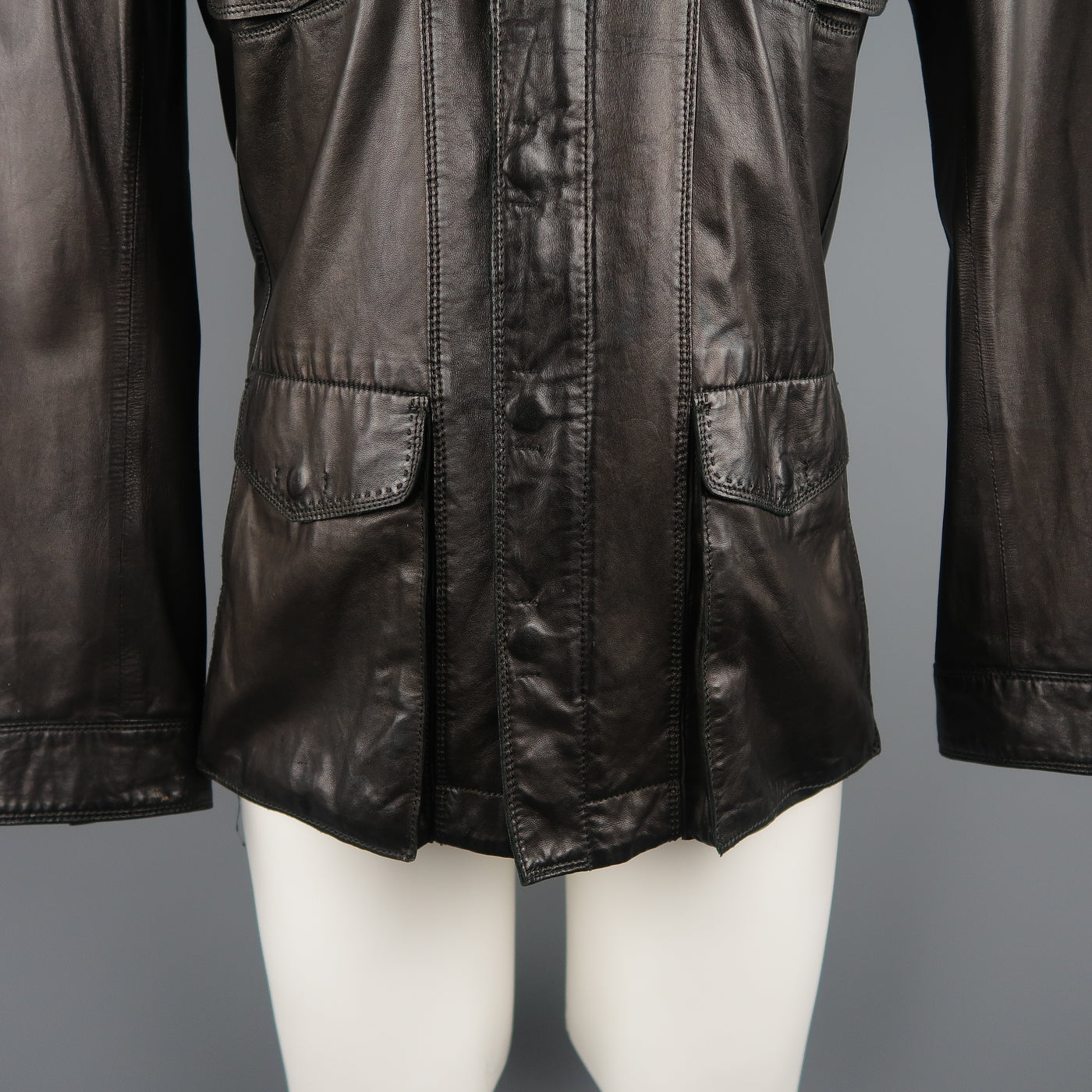 ELIE TAHARI Chest Size 38 Black Solid Leather Zip & Snaps Jacket