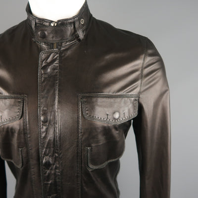 ELIE TAHARI Chest Size 38 Black Solid Leather Zip & Snaps Jacket