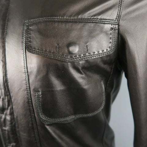 ELIE TAHARI Chest Size 38 Black Solid Leather Zip & Snaps Jacket ELIE TAHARI