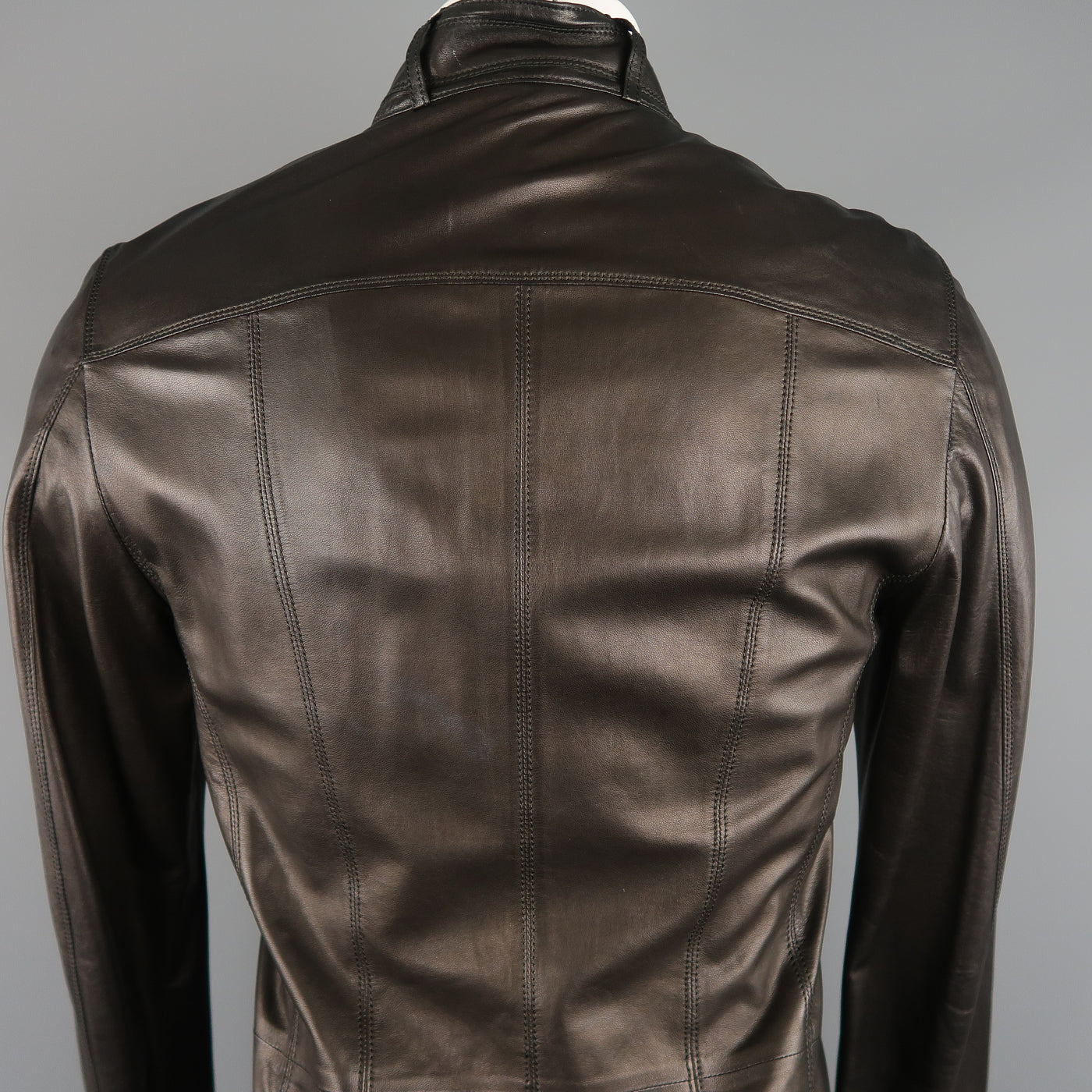 ELIE TAHARI Chest Size 38 Black Solid Leather Zip & Snaps Jacket