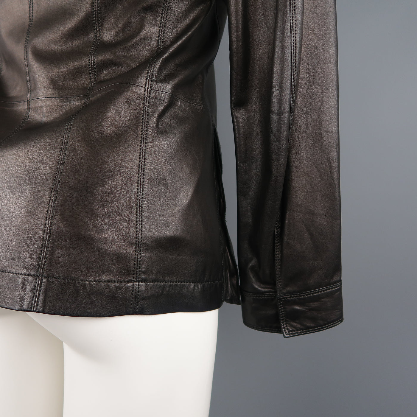 ELIE TAHARI Chest Size 38 Black Solid Leather Zip & Snaps Jacket