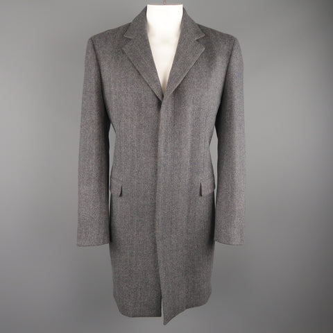 ELIE TAHARI L Grey Herringbone Wool / Cashmere Notch Lapel Over Coat
