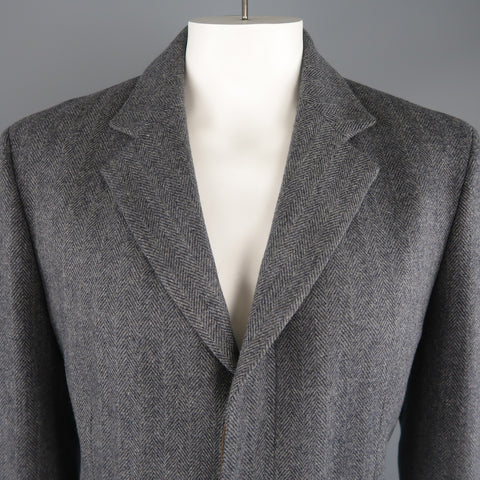 ELIE TAHARI L Grey Herringbone Wool / Cashmere Notch Lapel Over Coat