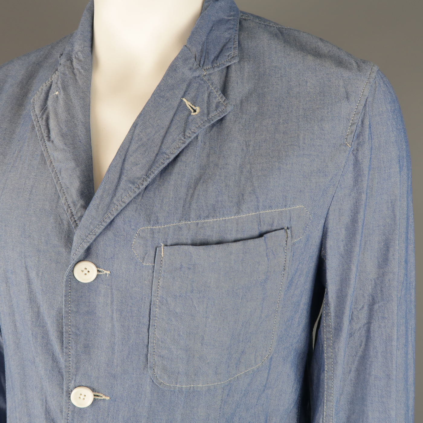 ENGINEERED GARMENTS L Light Blue Contrast Stitch Chambray Pocket Sport Coat