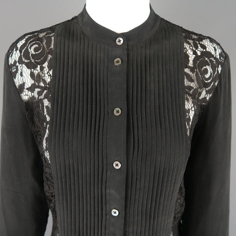 EQUIPMENT Femme Size XS Black Silk & Lace Pleated Bib Band Collar Blouse EQUIPMENT