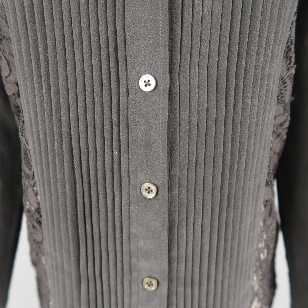 EQUIPMENT Femme Size XS Black Silk & Lace Pleated Bib Band Collar Blouse