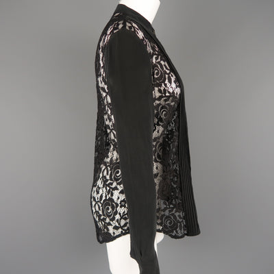 EQUIPMENT Femme Size XS Black Silk & Lace Pleated Bib Band Collar Blouse