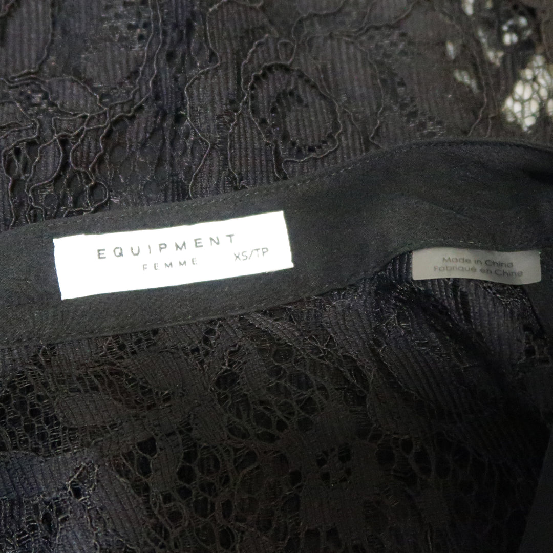 EQUIPMENT Femme Size XS Black Silk & Lace Pleated Bib Band Collar Blouse