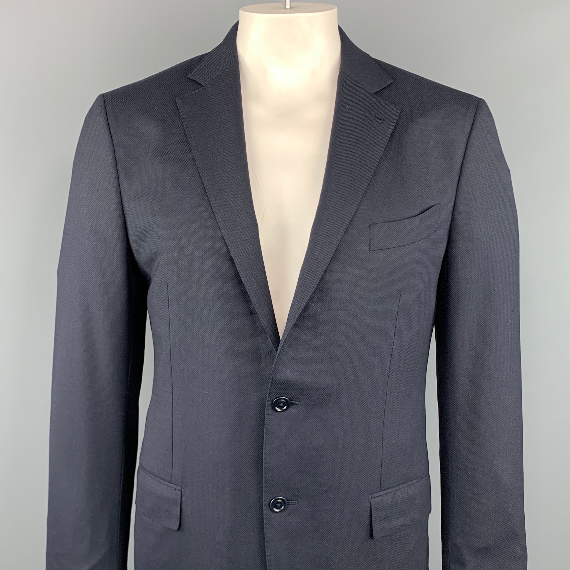 ERMENEGILDO ZEGNA 42 Long Navy Solid Wool Notch Lapel Sport Coat