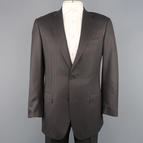 ERMENEGILDO ZEGNA 42 Long Taupe Charcoal Stripe Wool 2 pc Suit ERMENEGILDO ZEGNA