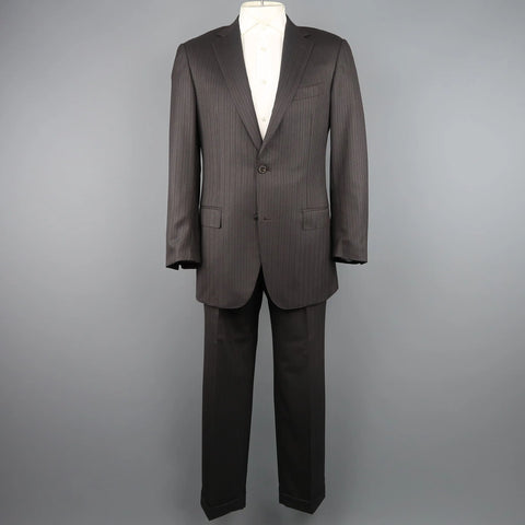 ERMENEGILDO ZEGNA 42 Long Taupe Charcoal Stripe Wool 2 pc Suit ERMENEGILDO ZEGNA