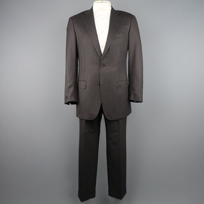 ERMENEGILDO ZEGNA 42 Long Taupe Charcoal Stripe Wool 2 pc Suit