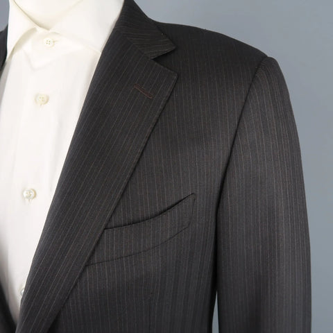 ERMENEGILDO ZEGNA 42 Long Taupe Charcoal Stripe Wool 2 pc Suit ERMENEGILDO ZEGNA