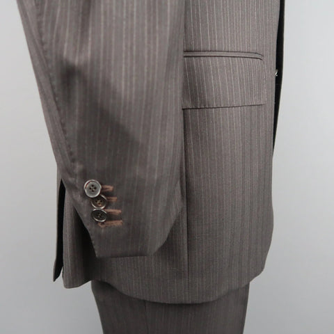 ERMENEGILDO ZEGNA 42 Long Taupe Charcoal Stripe Wool 2 pc Suit ERMENEGILDO ZEGNA