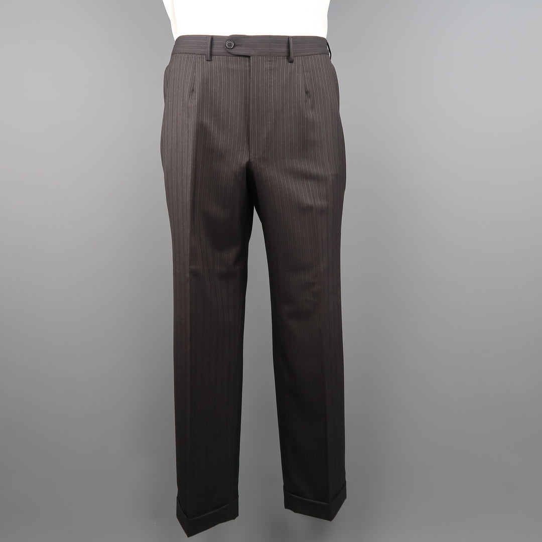 ERMENEGILDO ZEGNA 42 Long Taupe Charcoal Stripe Wool 2 pc Suit