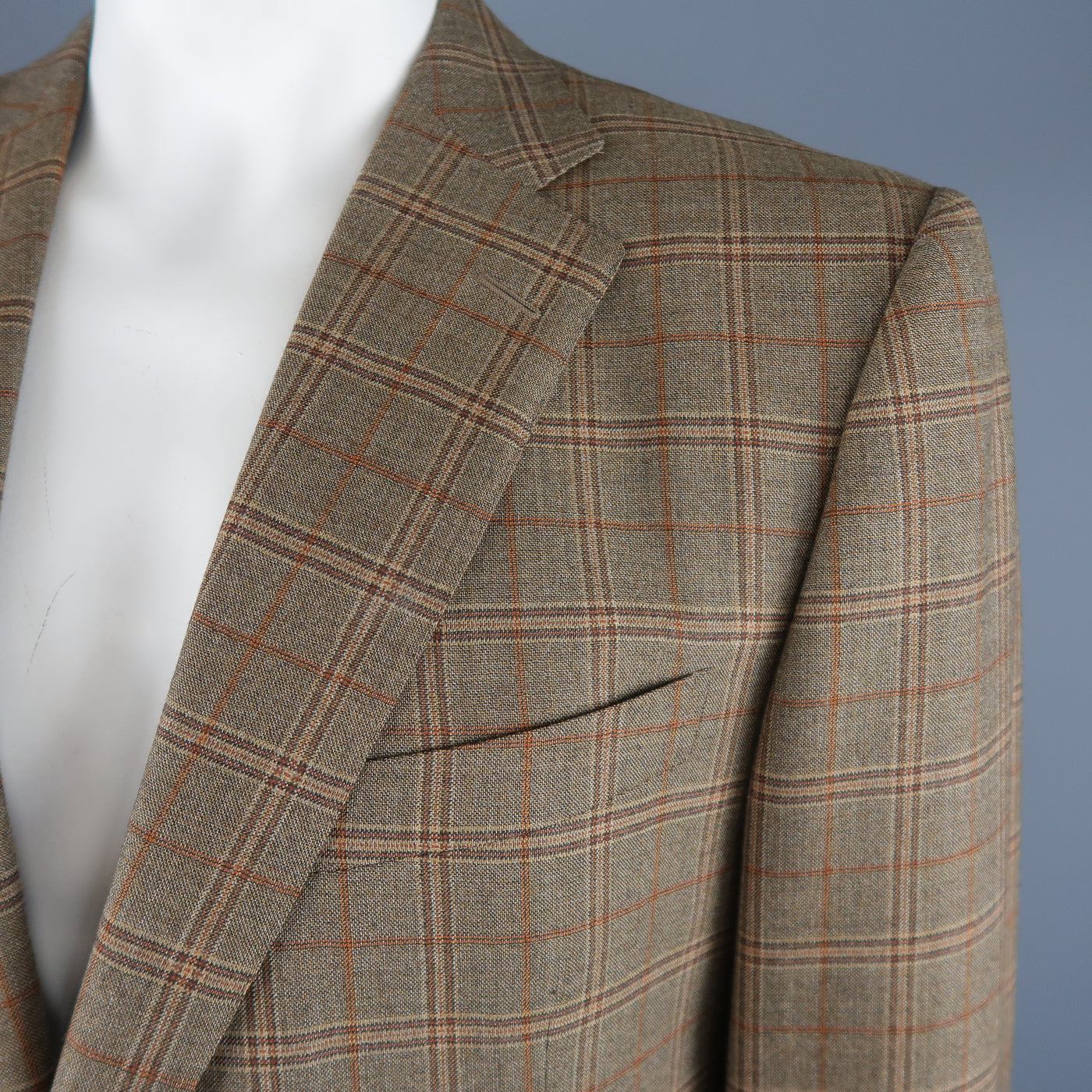ERMENEGILDO ZEGNA 48 Taupe Window Pane Plaid Wool Notch Lapel Sport Coat
