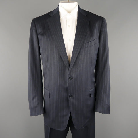 ERMENEGILDO ZEGNA 50 Navy Stripe Wool / Silk Single Breasted Notch lapel Suit ERMENEGILDO ZEGNA