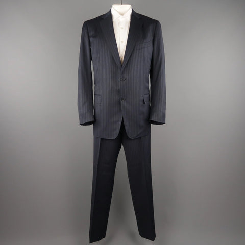 ERMENEGILDO ZEGNA 50 Navy Stripe Wool / Silk Single Breasted Notch lapel Suit ERMENEGILDO ZEGNA