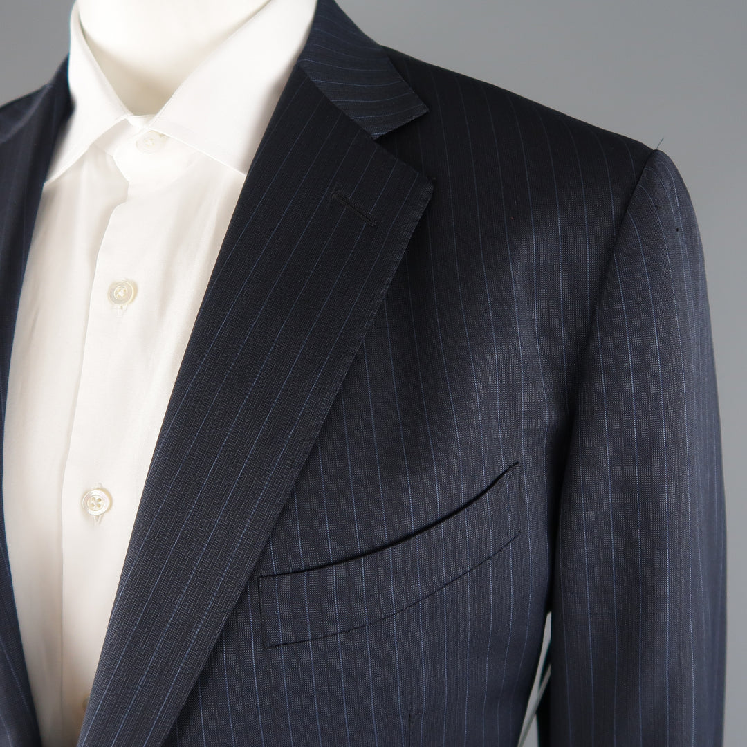 ERMENEGILDO ZEGNA 50 Navy Stripe Wool / Silk Single Breasted Notch lapel Suit