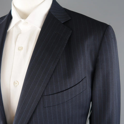 ERMENEGILDO ZEGNA 50 Navy Stripe Wool / Silk Single Breasted Notch lapel Suit ERMENEGILDO ZEGNA