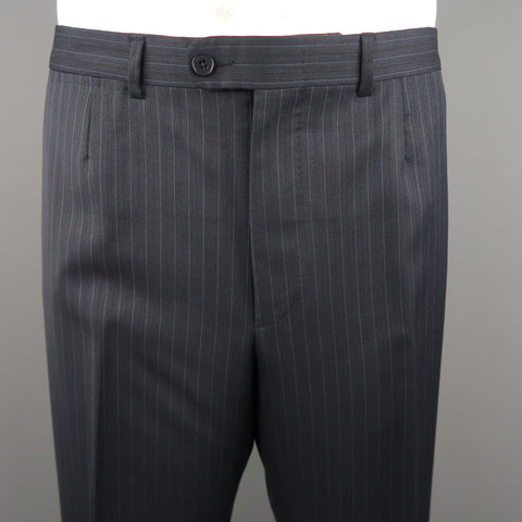 ERMENEGILDO ZEGNA 50 Navy Stripe Wool / Silk Single Breasted Notch lapel Suit ERMENEGILDO ZEGNA