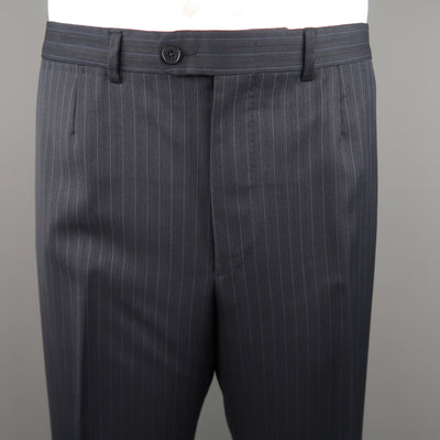 ERMENEGILDO ZEGNA 50 Navy Stripe Wool / Silk Single Breasted Notch lapel Suit