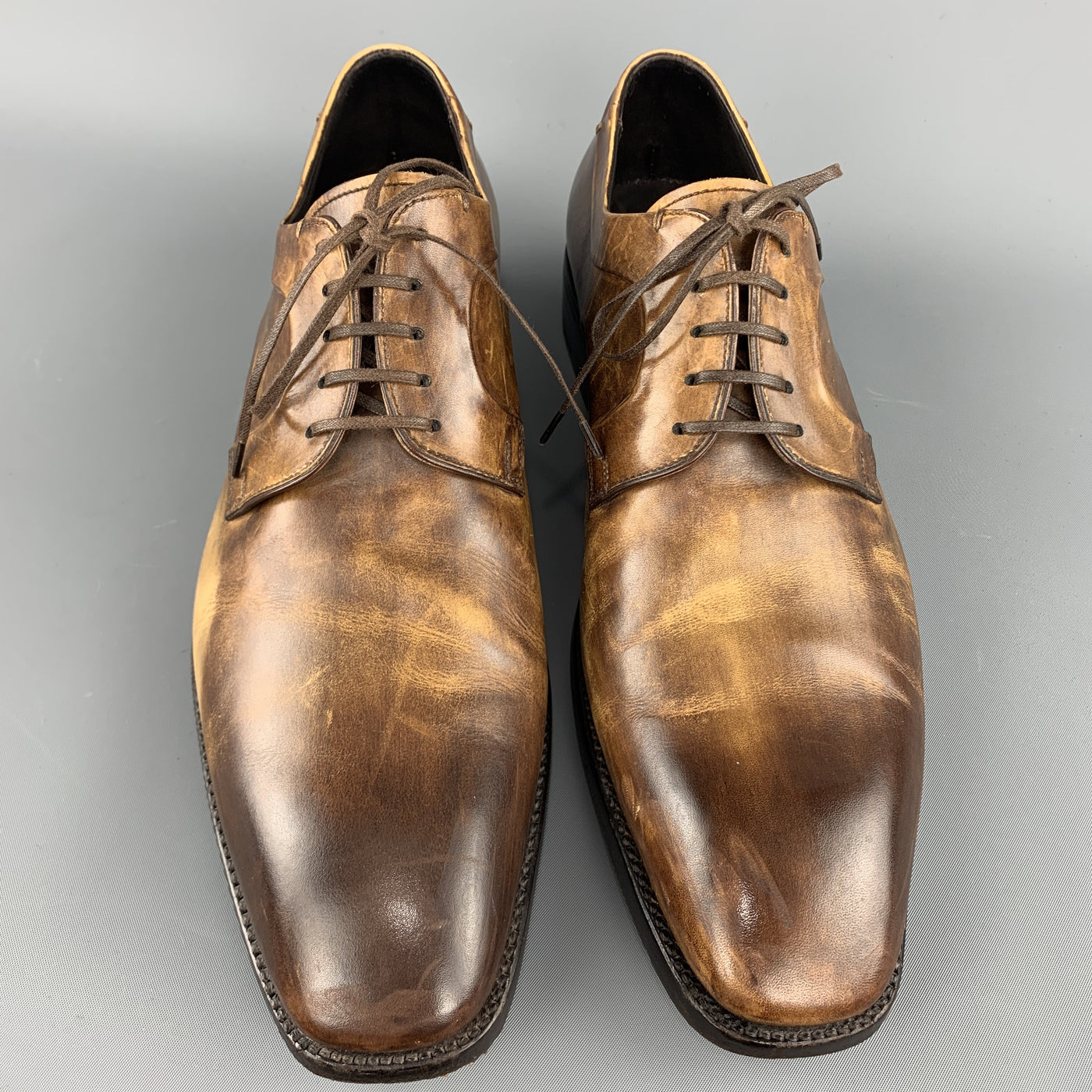 ERMENEGILDO ZEGNA Size 10.5 Brown Antique Effect Leather Lace Up Dress Shoes