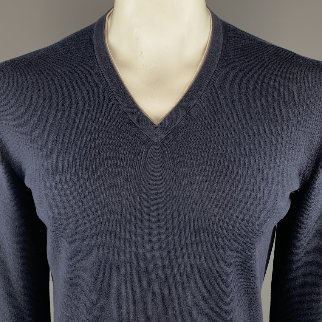 ERMENEGILDO ZEGNA Size L Navy Cotton V-Neck Pullover Sweater